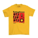 Remera de algodón color amarillo con estampa frontal gráfica inspirada en la banda The Rolling Stones, con diseño de labios y motivos de explosión.