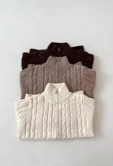 Sweater tipo campera de punto con cierre frontal completo y cuello alto. Presenta un diseño de tejido trenzado vertical y mangas largas, ofreciendo un estilo clásico y versátil.