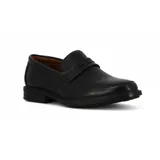 Mocasín de cuero negro con detalle de vincha en el empeine y suela plana.