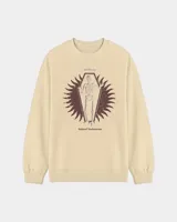Buzo de cuello redondo color tostado, con estampa frontal de un esqueleto dentro de un ataúd rodeado por un diseño solar y la inscripción 'Wake Up' junto a 'Kaboa Industries'.