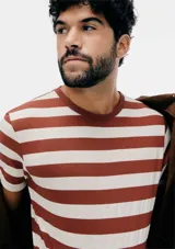 Remera de manga corta con cuello redondo y diseño a rayas horizontales color marrón y beige.