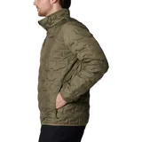 Campera acolchada Columbia modelo Delta Ridge II, color verde oliva, con cierre frontal completo, cuello alto y bolsillos laterales con cierre. Presenta tecnología HeatSeal™ sin costuras y forro termorreflectante Omni-Heat™.
