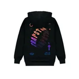 Buzo hoodie negro con cierre, estampado en la espalda con el logo de la marca en degradé de violeta a naranja y texto "It's a Secret".