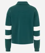 Saco deportivo de modal color verde, con cuello polo, escote en V y mangas largas con franjas blancas horizontales. Presenta un bordado circular en el pecho con la inscripción '94'.
