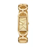Reloj analógico Michael Kors modelo Empire con caja rectangular de 30 mm y pulsera de eslabones de acero inoxidable en tono dorado. La esfera presenta el logo de la marca grabado con acabado texturizado.