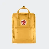 Mochila Fjällräven Kanken Classic color amarillo, confeccionada en tejido Vinylon F resistente. Cuenta con un compartimento principal con cierre de cremallera, un bolsillo frontal con cierre, asas superiores y correas ajustables para los hombros.