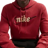 Canguro Nike con capucha y cordones ajustables, color beige. Presenta un diseño gráfico frontal con el logo de la marca bordado y detalle de textura, además de un pequeño logo en el puño de la manga izquierda. Cuenta con un bolsillo frontal tipo canguro.