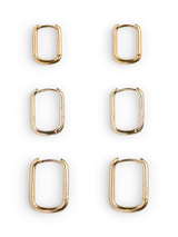 Aros tipo argolla rectangular dorados, con cierre a presión, en pack de tres tamaños diferentes.