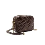 Bandolera Korium Malu de cuero sintético marrón oscuro, con diseño acolchado de efecto entrelazado, cierre superior y correa combinada de cadena dorada y tira ajustable.