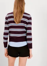 Sweater de punto con diseño de rayas horizontales en tonos bordó, azul claro y blanco, cuello redondo y mangas largas.