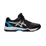 Championes de tenis Asics modelo Gel Dedicate 7 Clay, color negro con detalles en blanco y verde oscuro. Diseñados con tecnología de amortiguación Gel para mayor confort y suela específica para canchas de polvo de ladrillo.