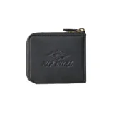 Billetera negra cuadrada de cuero sintético con cierre de cremallera y logo Rip Curl grabado en el frente.