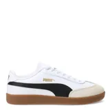 Championes urbanos Puma modelo 9T W, de diseño clásico con base de goma color caramelo, puntera de gamuza en tono beige y cuerpo blanco con la icónica franja lateral en negro.