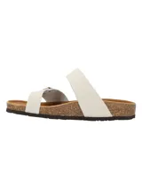 Sandalias de cuero color blanco con suela anatómica de corcho, tiras ajustables con hebillas metálicas y diseño entre dedos.