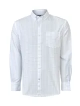 Camisa de manga larga con cuello abotonado, confeccionada en algodón con estampado de cuadros finos en color azul sobre fondo blanco. Presenta un bolsillo en el pecho con el logo de la marca bordado y cierre frontal con botones.