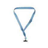 Correa para teléfono color celeste con mosquetón metálico y pieza plástica ajustable.