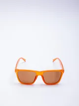 Lentes de sol con armazón de plástico color naranja y lentes marrones con filtro UV400. Incluyen estuche rosado.