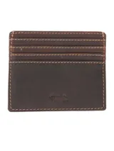 Tarjetero de cuero marrón con costuras a la vista en tono contrastante. Cuenta con múltiples ranuras para tarjetas y un logo grabado en relieve en la parte inferior.