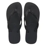 Chancletas unisex Havaianas Top de color negro, con diseño clásico de tiras finas texturizadas y suela de goma antideslizante con textura de grano de arroz.