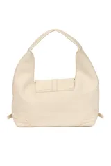 Cartera negra con correa de hombro, cierre superior y dos cierres diagonales decorativos en el frente.