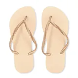Chancletas Havaianas modelo Slim de color dorado, con tiras finas metálicas y suela de goma texturizada.