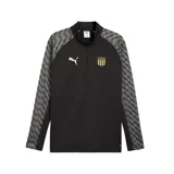 Buzo de entrenamiento PUMA del Club Atlético Peñarol, color negro con mangas estampadas en degradado gris. Presenta cuello alto con cierre frontal parcial, logo de la marca y escudo del club en el pecho.