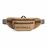 Riñonera deportiva Merrell color tostado con detalles en marrón oscuro. Cuenta con compartimento principal con cierre, bolsillo frontal con cierre, panel trasero de malla acolchada y cinturón ajustable con correas de compresión.