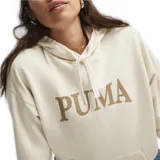 Buzo negro con capucha y cordones ajustables, de corte holgado y manga larga. Presenta un bolsillo tipo canguro y el logo de Puma estampado en el pecho.