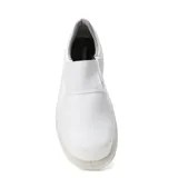 Zapato de seguridad tipo slip-on color blanco, con diseño ergonómico, suela antideslizante y forro interior con patrón de cuadros.
