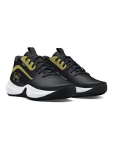Championes de básquetbol Under Armour Lockdown 7, color negro con detalles en dorado y entresuela blanca. Presentan parte superior de malla transpirable con superposiciones de cuero y película para mayor sujeción, entresuela de EVA para una pisada ligera y reactiva, y suela exterior de caucho con patrón de tracción en espiga.