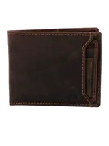 Billetera de cuero natural color marrón con costuras a la vista y logo RKF grabado. Cuenta con múltiples ranuras para tarjetas, tarjetero extraíble y tecnología de protección RFID.