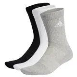 Pack de tres pares de medias deportivas Adidas de caña media, en colores negro, blanco y gris melange, con logo bordado en la parte superior.