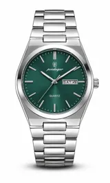 Reloj de pulsera Poedagar modelo 930 Monaco Green, con caja y malla de acero inoxidable plateado y esfera verde con indicadores de día y fecha.