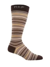 Calcetines largos a rayas horizontales en tonos marrones, beige y amarillo. El puño es marrón oscuro con las letras 'RKF' en blanco.