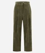 Pantalón wide leg de terciopelo canelado color verde militar, de corte largo, piernas amplias y caída fluida.