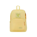 Mochila JanSport Superbreak Plus FX color amarillo con estampado de flor y texto.