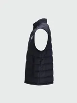 Chaleco puffer de plumas Moncler modelo Barthe, color negro, con cuello alto, cierre frontal y bolsillos laterales con cierre. Cuenta con parche del logo de la marca en el pecho.