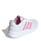 Championes Adidas Lite Racer 4.0 de diseño deportivo, confeccionados en malla blanca con las icónicas tres tiras laterales en color rosado. Presentan interior y lengüeta en tono rosado, con entresuela Cloudfoam para mayor amortiguación.