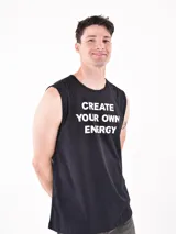 Musculosa negra con estampado frontal con la frase "Create Your Own Energy" en letras blancas.