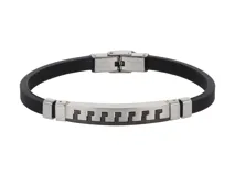 Pulsera de goma negra con apliques de acero inoxidable plateado con diseño geométrico.