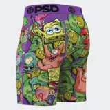 Calzoncillos bóxer de la marca PSD con estampado de Bob Esponja, Patricio y dinero sobre un fondo verde. La cintura es de color púrpura con el logo de PSD en negro.