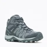 Bota de senderismo Merrell modelo Accentor 3 Mid WP, color gris con detalles en azul claro. Confeccionada en ante y malla impermeable, cuenta con puntera protectora de goma, entresuela de espuma EVA y suela de goma adherente para mayor tracción.