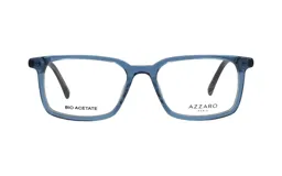 Armazón para lentes de acetato color celeste, de forma cuadrada y con el logo de la marca en el lateral.