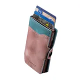 Billetera minimalista de cuero sintético color rosa y celeste, con sistema de apertura automática para tarjetas.