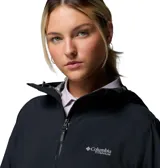 Campera impermeable Columbia modelo Ampli-Dry II Shell, color negro, con capucha ajustable, cierre frontal y bolsillos con cremallera.