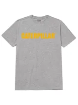 Remera gris melange de manga corta y cuello redondo, con el logo de Caterpillar estampado en color amarillo en el pecho.