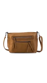 Bandolera de tamaño mediano confeccionada en símil cuero con detalles en nobuck. Presenta un diseño rectangular con cierre principal, bolsillos frontales con cierre y correa larga ajustable para llevar al hombro o cruzada.