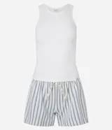 Conjunto de pijama short doll compuesto por musculosa blanca de ribana y short rayado con lazo en la cintura.