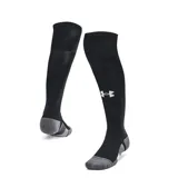 Medias deportivas largas Under Armour, color negro con detalles en gris en la puntera y el talón. Presentan el logo de la marca bordado en blanco en la parte frontal y paneles de malla para mayor transpirabilidad.
