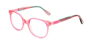 Armazón para anteojos de acetato color rosa con diseño a cuadros en las patillas.